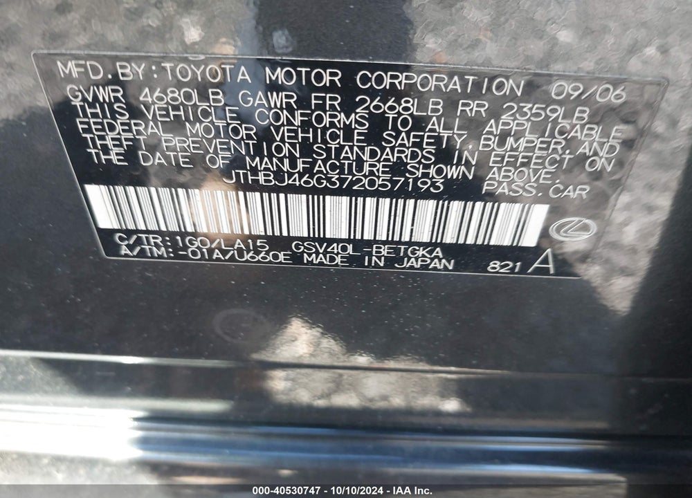 2007 LEXUS ES 350 VIN: JTHBJ46G372057193