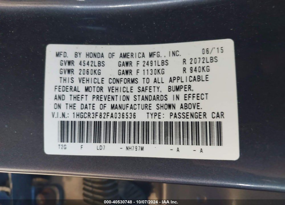 2015 HONDA ACCORD EX-L V-6 VIN: 1HGCR3F82FA036536
