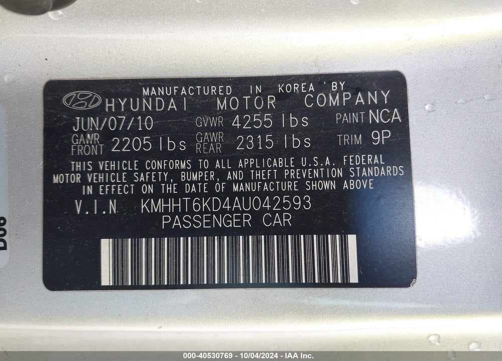 2010 HYUNDAI GENESIS 2.0T VIN: KMHHT6KD4AU042593