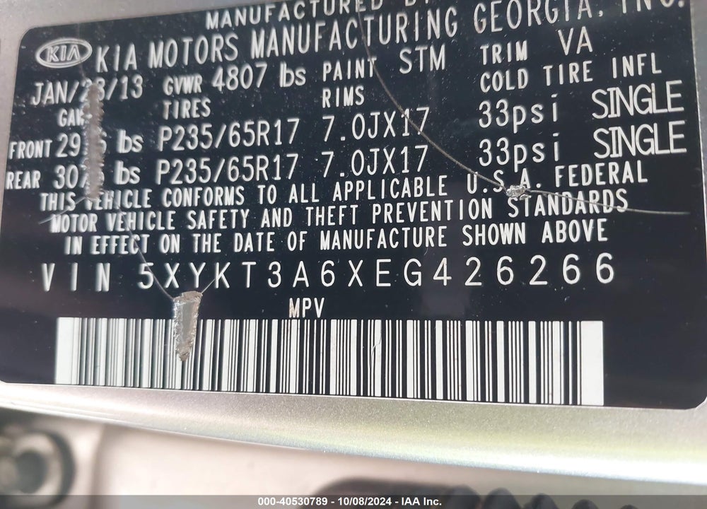2014 KIA SORENTO LX VIN: 5XYKT3A6XEG426266