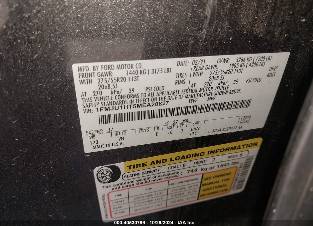 2021 FORD EXPEDITION VIN: 1FMJU1HT5MEA20827