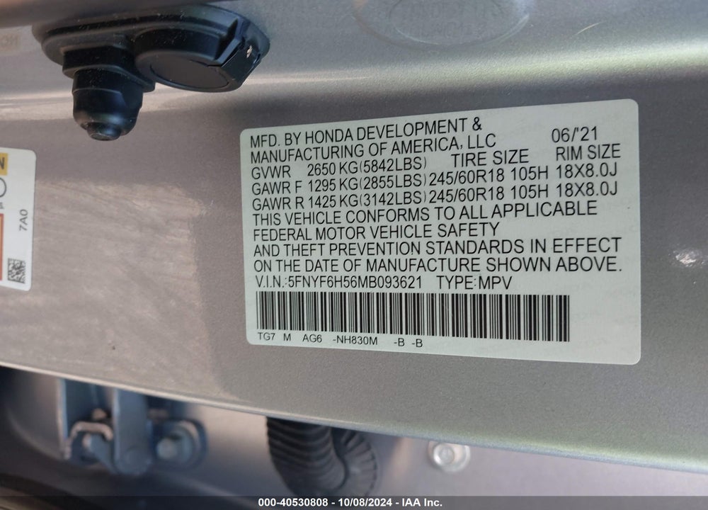 2021 HONDA PILOT AWD EX-L VIN: 5FNYF6H56MB093621