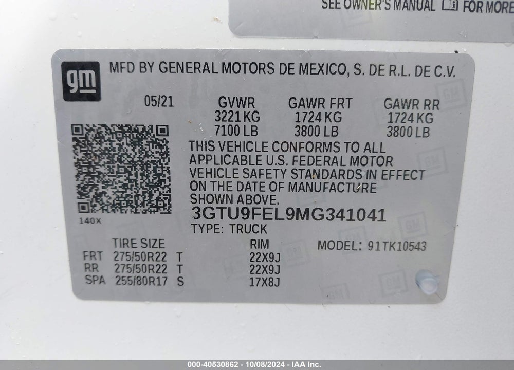 2021 GMC SIERRA 1500 4WD SHORT BOX DENALI VIN: 3GTU9FEL9MG341041