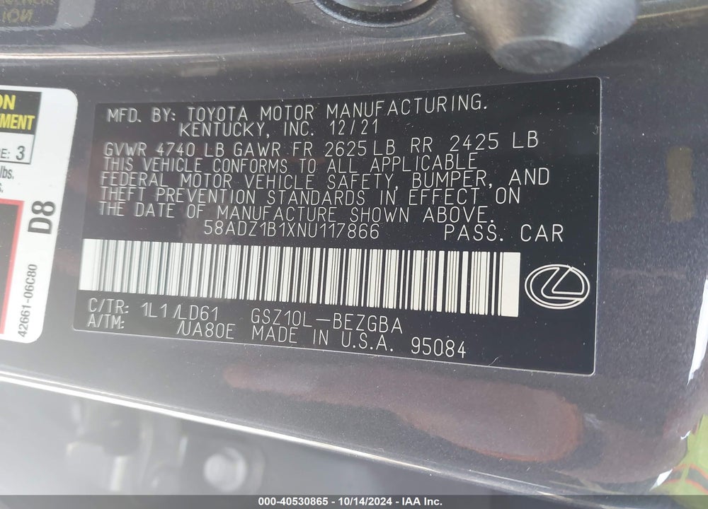 2022 LEXUS ES 350 VIN: 58ADZ1B1XNU117866