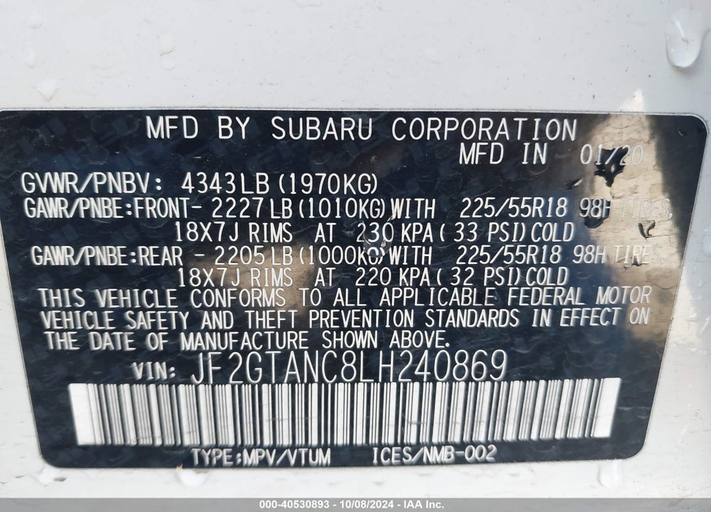 2020 SUBARU CROSSTREK LIMITED VIN: JF2GTANC8LH240869