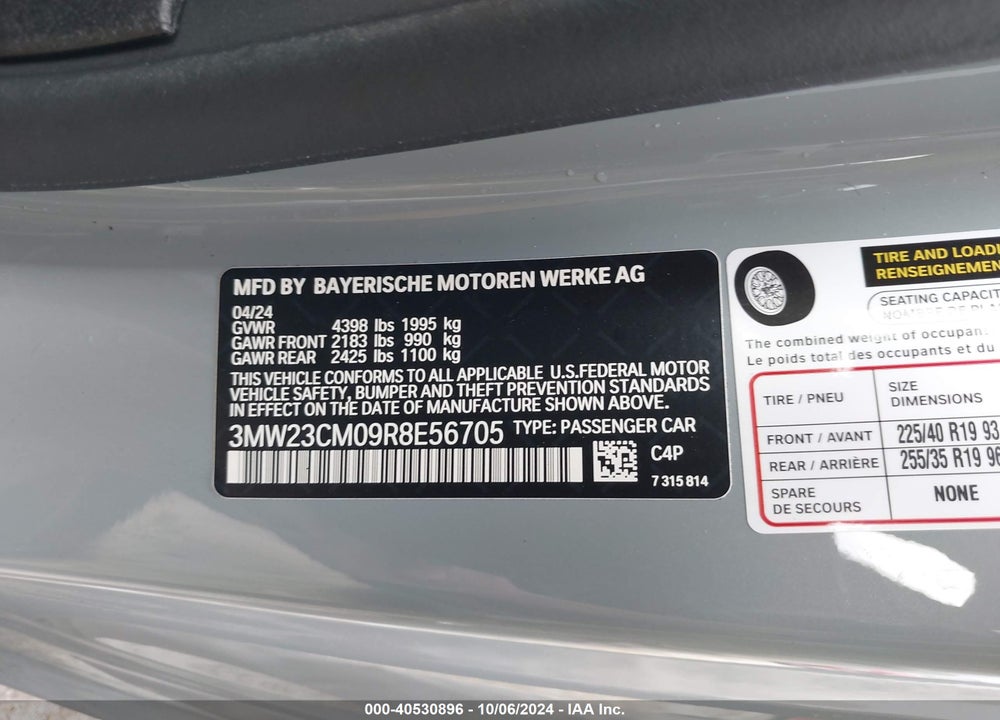 2024 BMW 230 I VIN: 3MW23CM09R8E56705