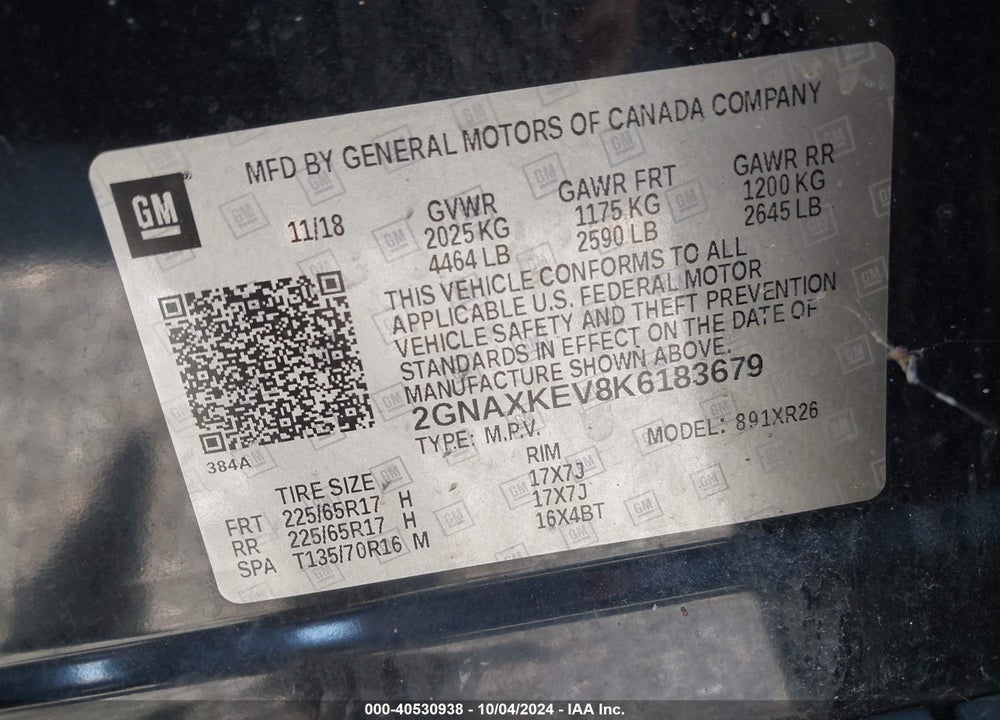 2019 CHEVROLET EQUINOX LT VIN: 2GNAXKEV8K6183679