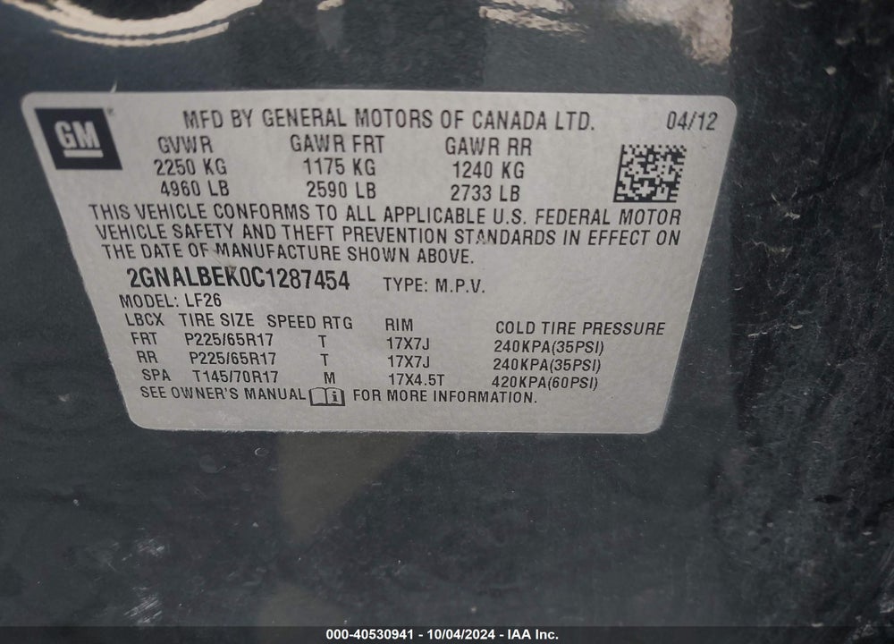 2012 CHEVROLET EQUINOX LS VIN: 2GNALBEK0C1287454