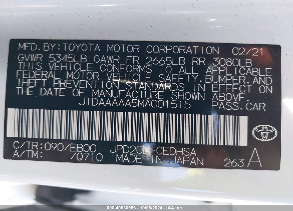 2021 TOYOTA MIRAI LIMITED VIN: JTDAAAAA5MA001515
