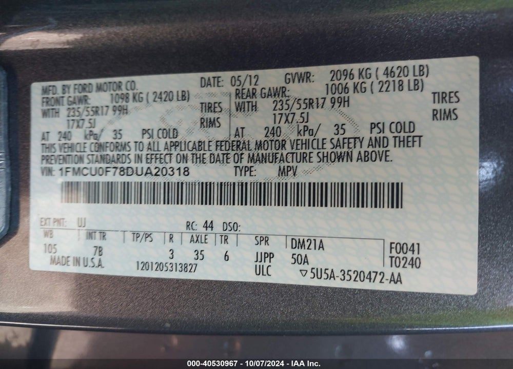 2013 FORD ESCAPE S VIN: 1FMCU0F78DUA20318