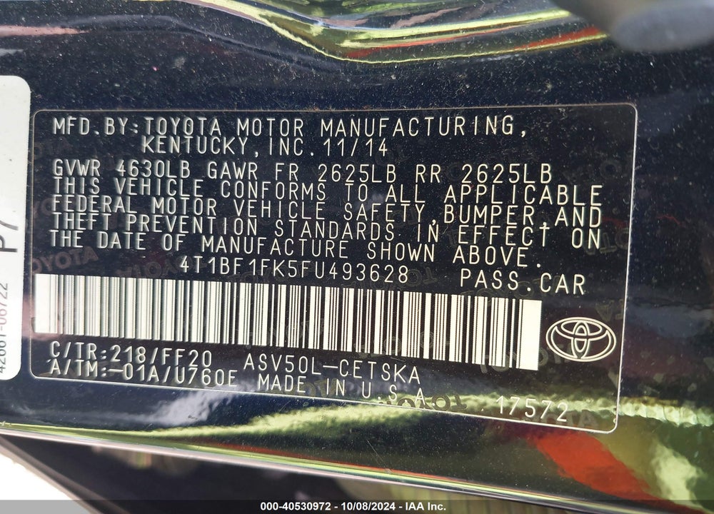 2015 TOYOTA CAMRY SE VIN: 4T1BF1FK5FU493628