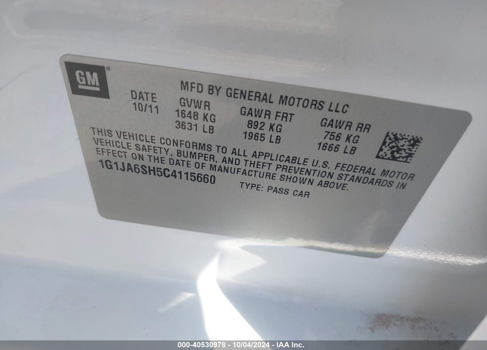 2012 CHEVROLET SONIC 2LS VIN: 1G1JA6SH5C4115660