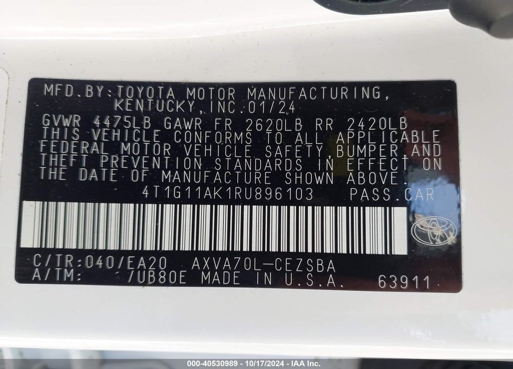 2024 TOYOTA CAMRY SE VIN: 4T1G11AK1RU896103