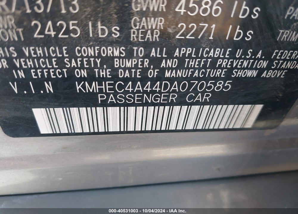 2013 HYUNDAI SONATA HYBRID VIN: KMHEC4A44DA070585