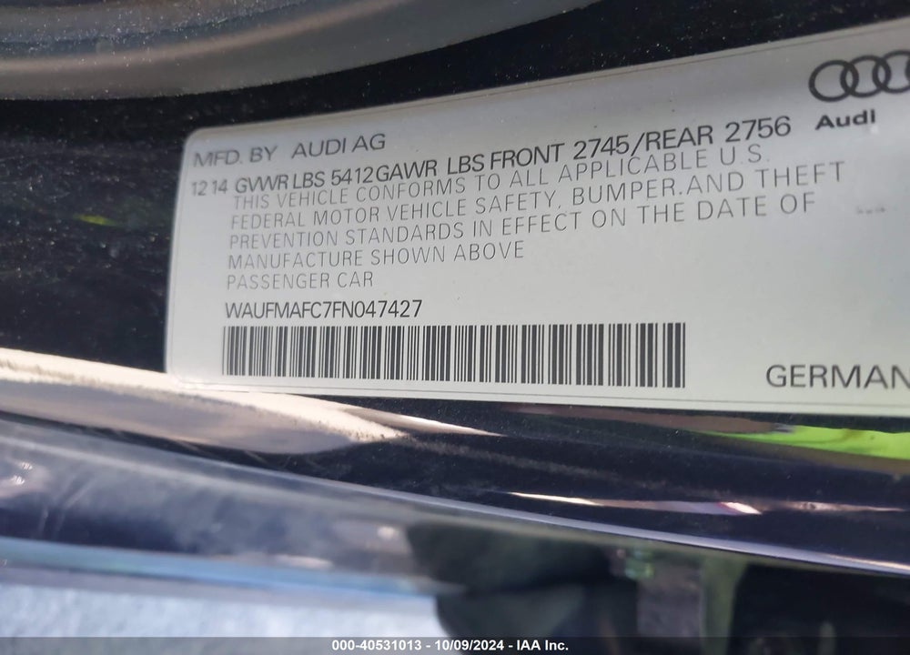 2015 AUDI A6 3.0 TDI PREMIUM PLUS VIN: WAUFMAFC7FN047427
