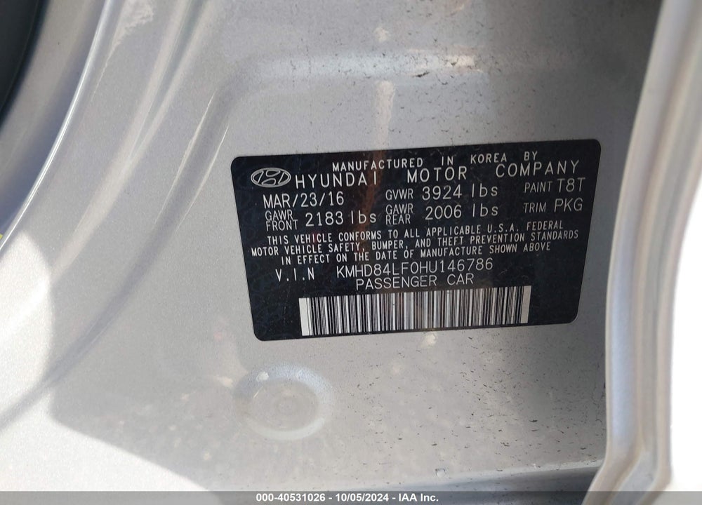 2017 HYUNDAI ELANTRA LIMITED VIN: KMHD84LF0HU146786