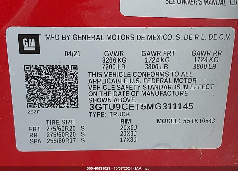 2021 GMC SIERRA 1500 4WD SHORT BOX ELEVATION VIN: 3GTU9CET5MG311145