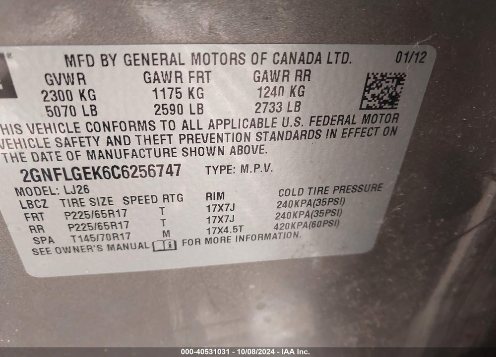 2012 CHEVROLET EQUINOX LTZ VIN: 2GNFLGEK6C6256747