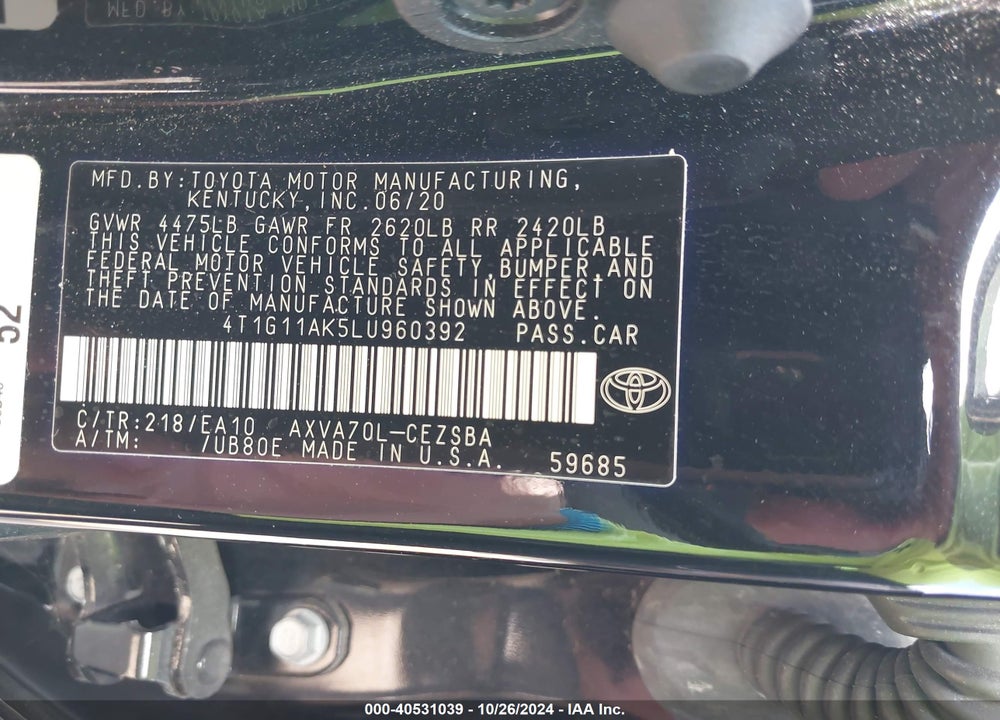 2020 TOYOTA CAMRY SE VIN: 4T1G11AK5LU960392