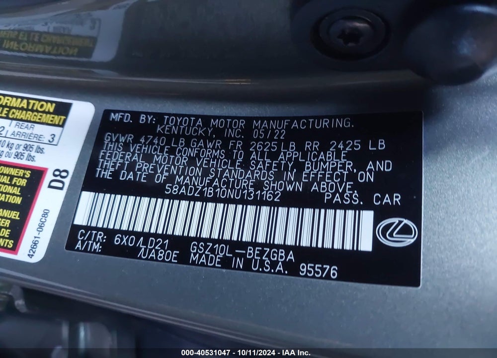 2022 LEXUS ES 350 VIN: 58ADZ1B10NU131162