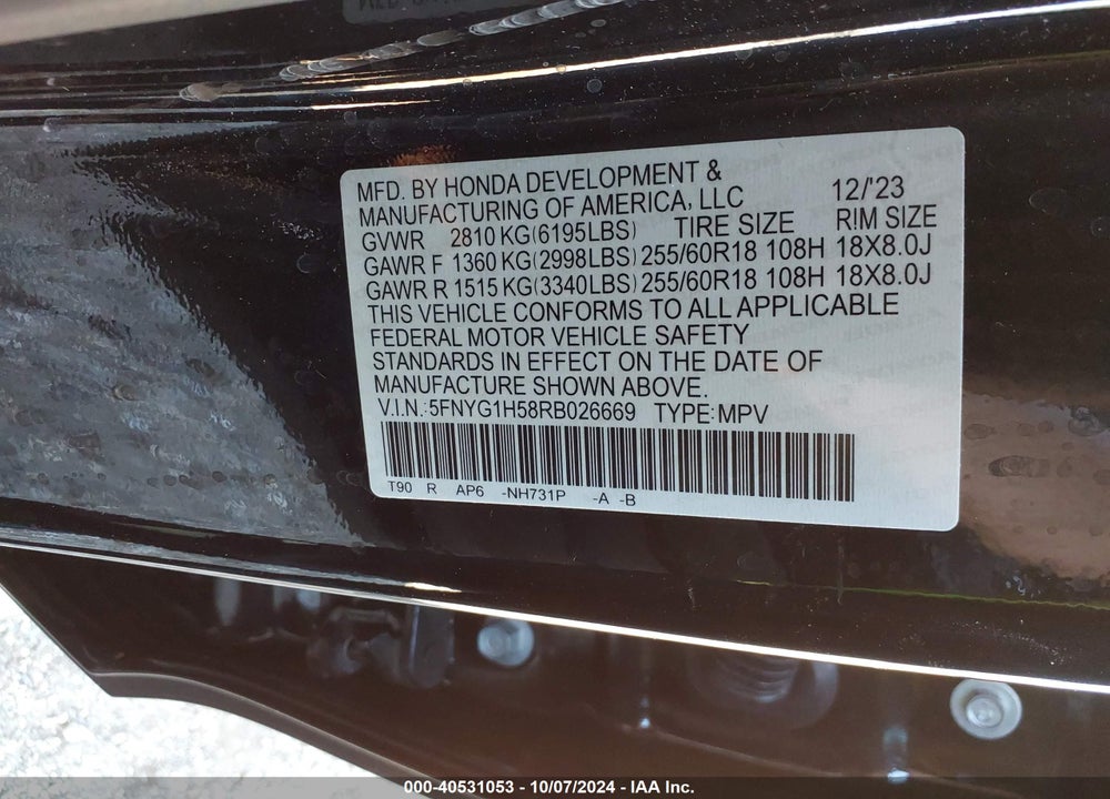 2024 HONDA PILOT EX-L 7-PASSENGER VIN: 5FNYG1H58RB026669