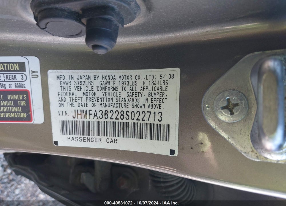 2008 HONDA CIVIC HYBRID VIN: JHMFA36228S022713