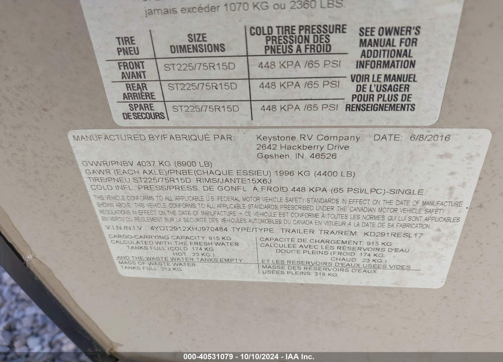 2017 KEYSTONE KODIAK VIN: 4YDT2912XHJ970484