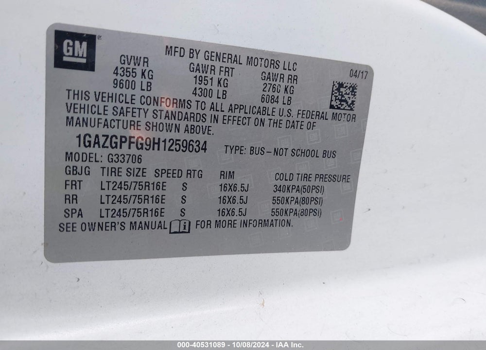 2017 CHEVROLET EXPRESS 3500 LT VIN: 1GAZGPFG9H1259634