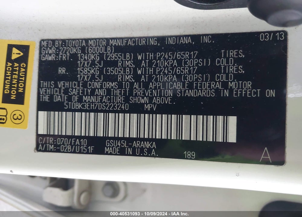 2013 TOYOTA HIGHLANDER BASE PLUS V6 VIN: 5TDBK3EH7DS223240