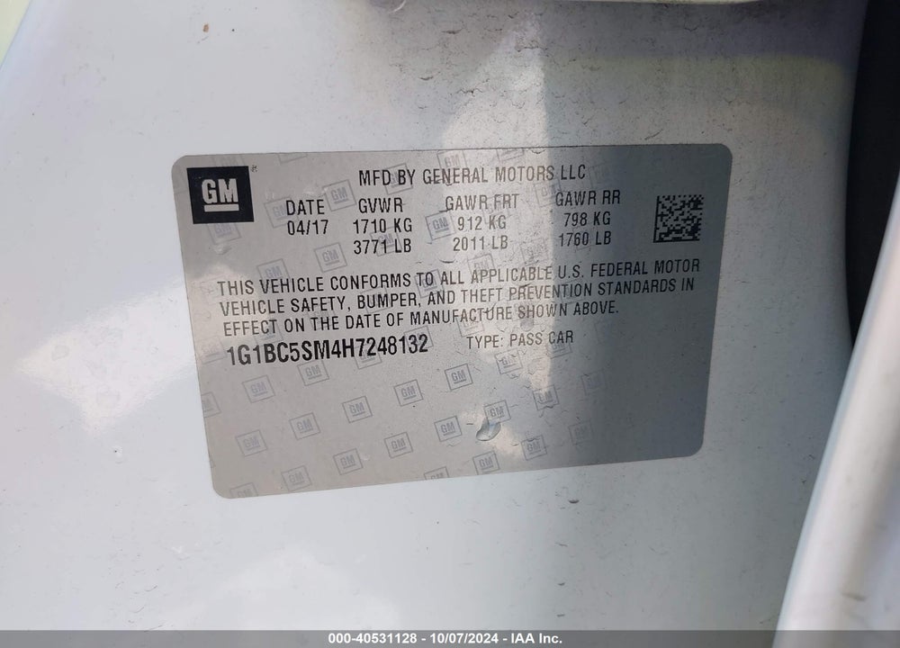 2017 CHEVROLET CRUZE LS AUTO VIN: 1G1BC5SM4H7248132