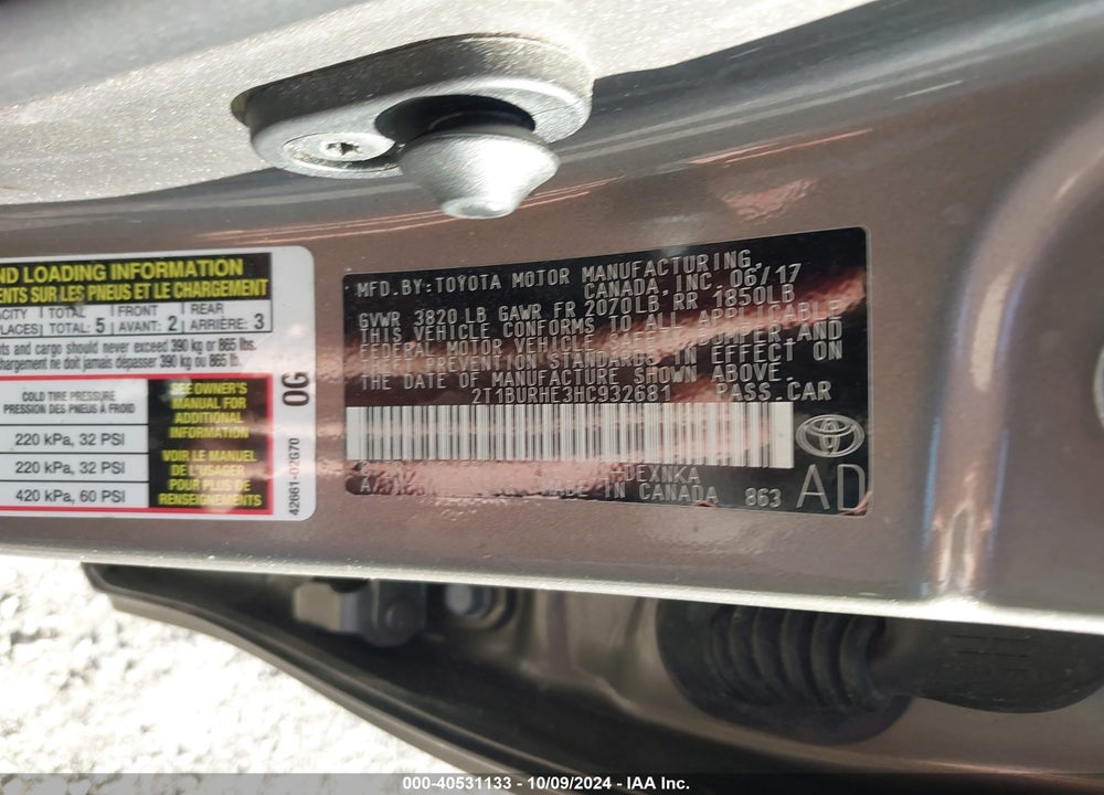 2017 TOYOTA COROLLA LE VIN: 2T1BURHE3HC932681