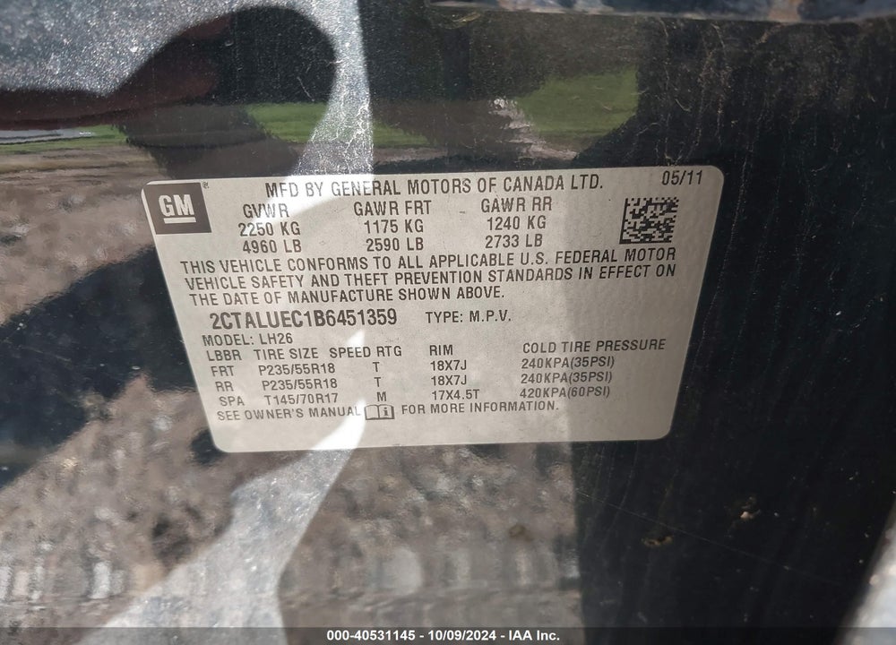 2011 GMC TERRAIN SLT-1 VIN: 2CTALUEC1B6451359
