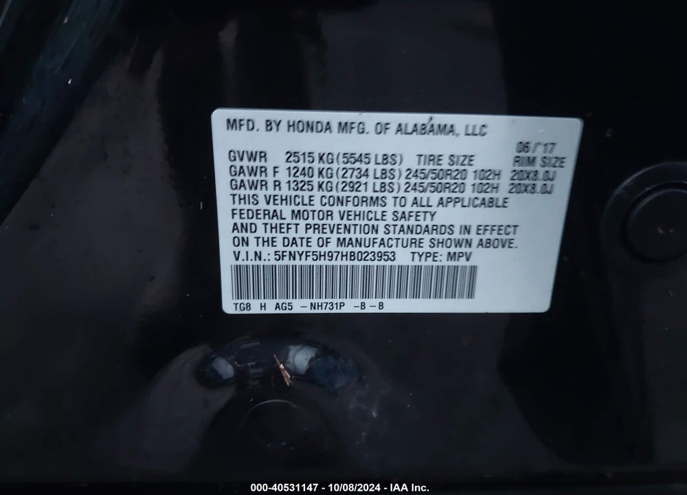 2017 HONDA PILOT TOURING VIN: 5FNYF5H97HB023953