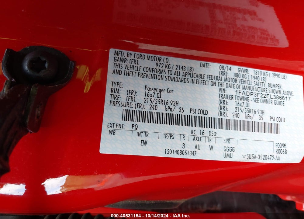 2014 FORD FOCUS SE VIN: 1FADP3F22EL386617