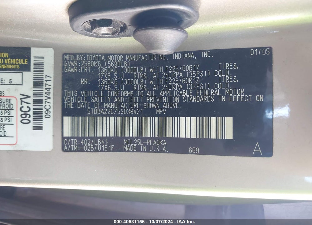 2005 TOYOTA SIENNA XLE LIMITED VIN: 5TDBA22C75S038421