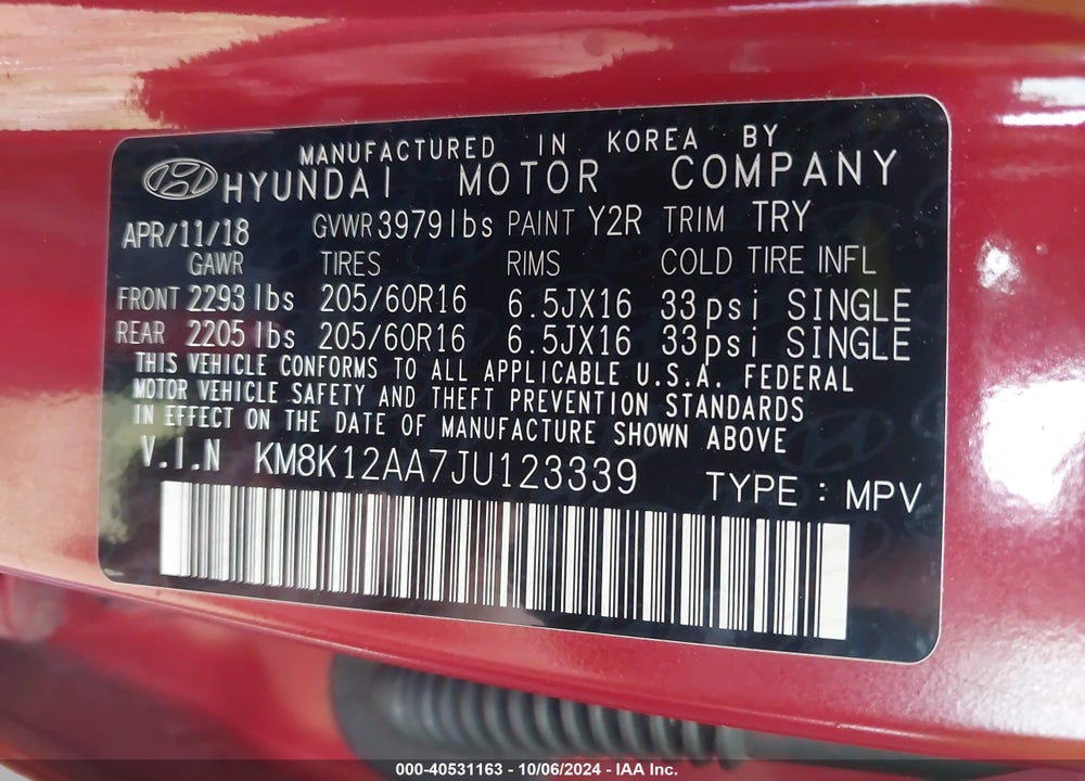 2018 HYUNDAI KONA SE VIN: KM8K12AA7JU123339
