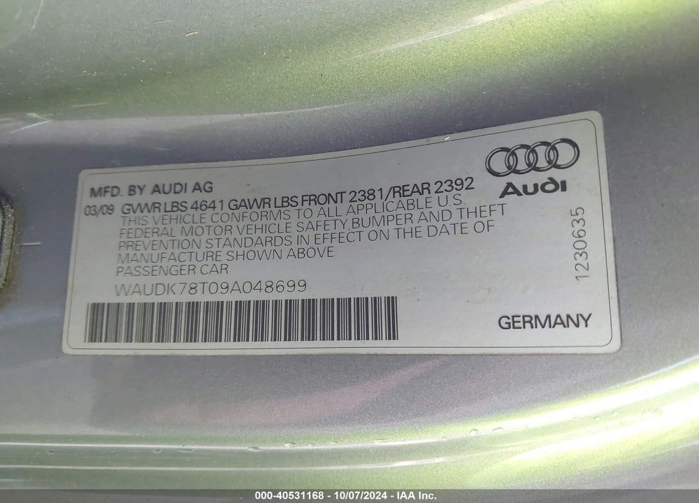 2009 AUDI A5 3.2L VIN: WAUDK78T09A048699
