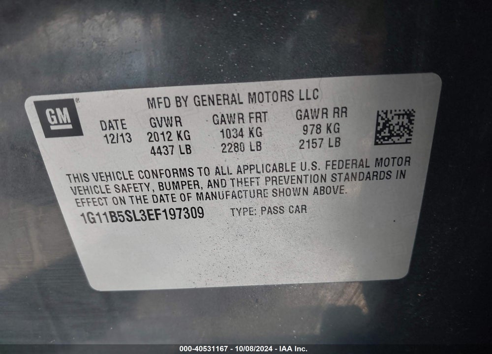 2014 CHEVROLET MALIBU 1LS VIN: 1G11B5SL3EF197309