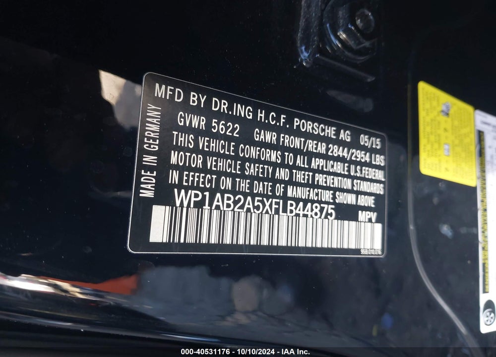 2015 PORSCHE MACAN S VIN: WP1AB2A5XFLB44875