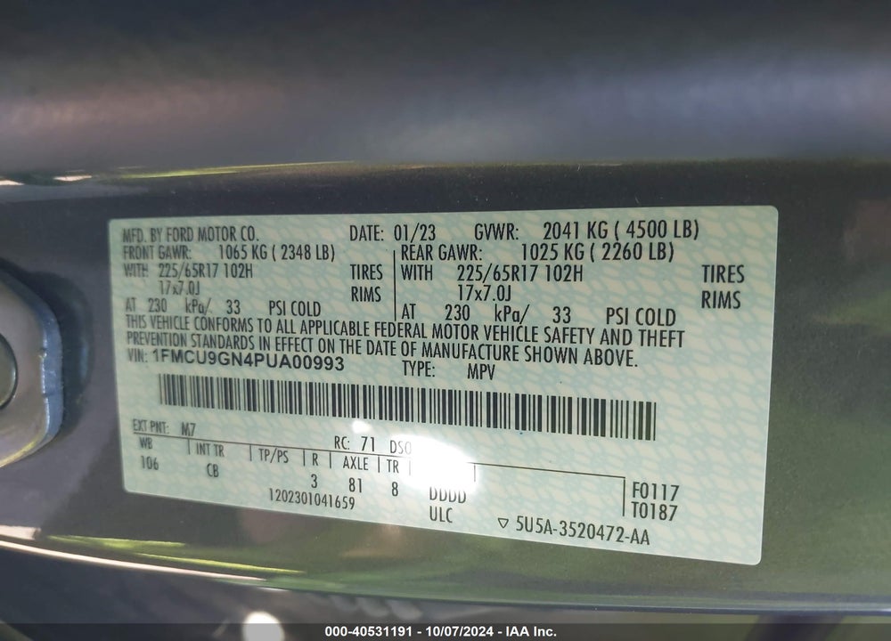 2023 FORD ESCAPE ACTIVE VIN: 1FMCU9GN4PUA00993
