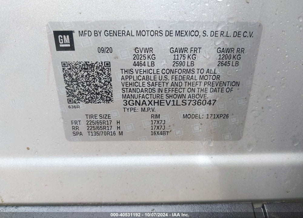 2020 CHEVROLET EQUINOX FWD LS VIN: 3GNAXHEV1LS736047