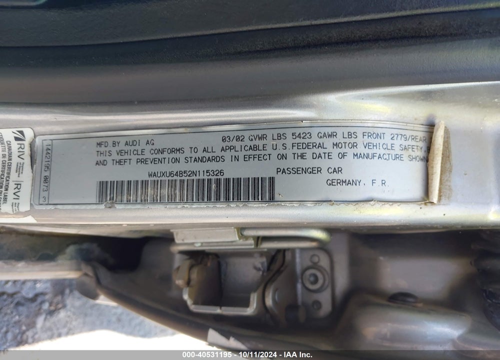 2002 AUDI S6 AVANT VIN: WAUXU64B52N115326