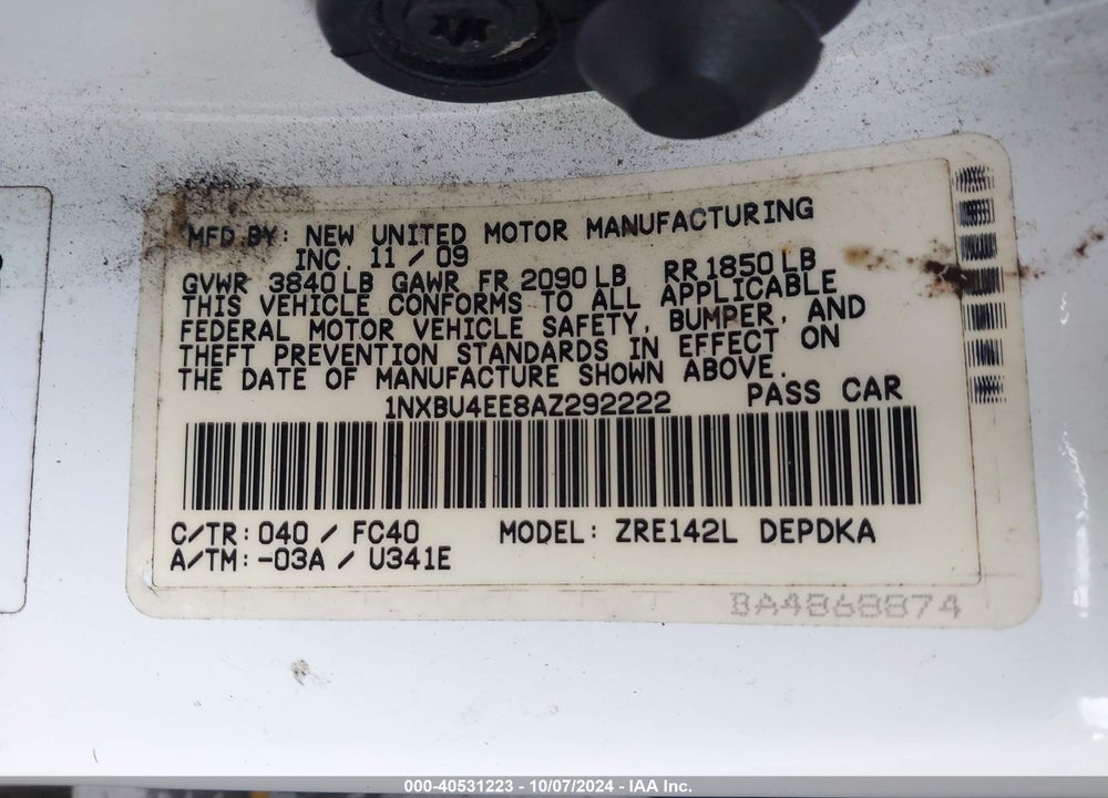 2010 TOYOTA COROLLA LE VIN: 1NXBU4EE8AZ292222