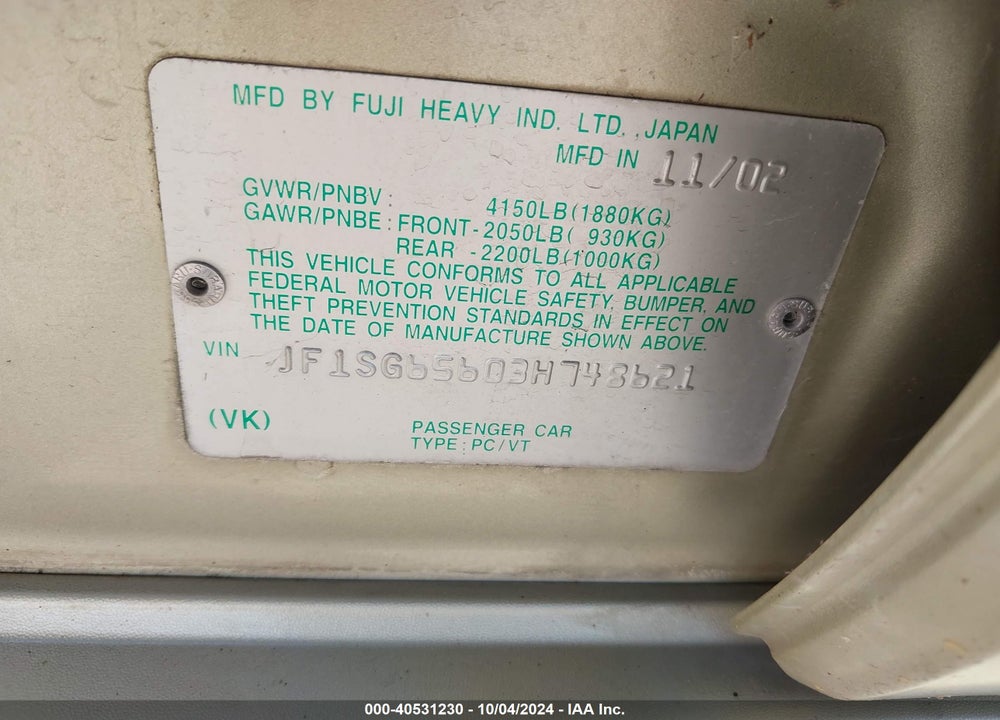 2003 SUBARU FORESTER XS VIN: JF1SG65603H748621