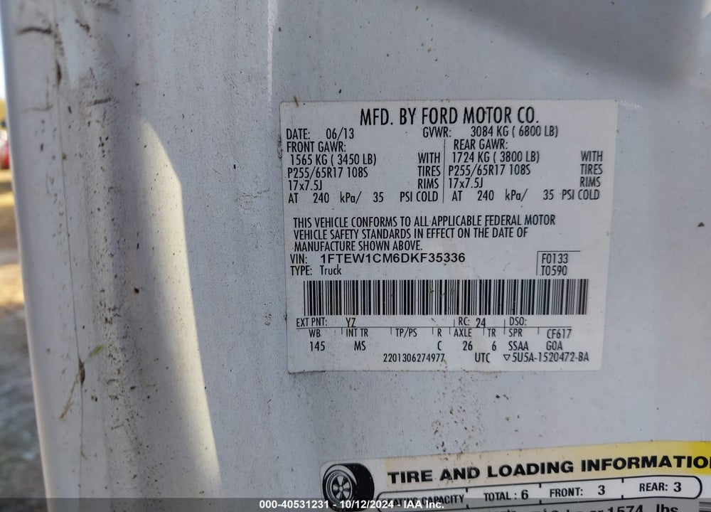 2013 FORD F-150 XLT VIN: 1FTEW1CM6DKF35336