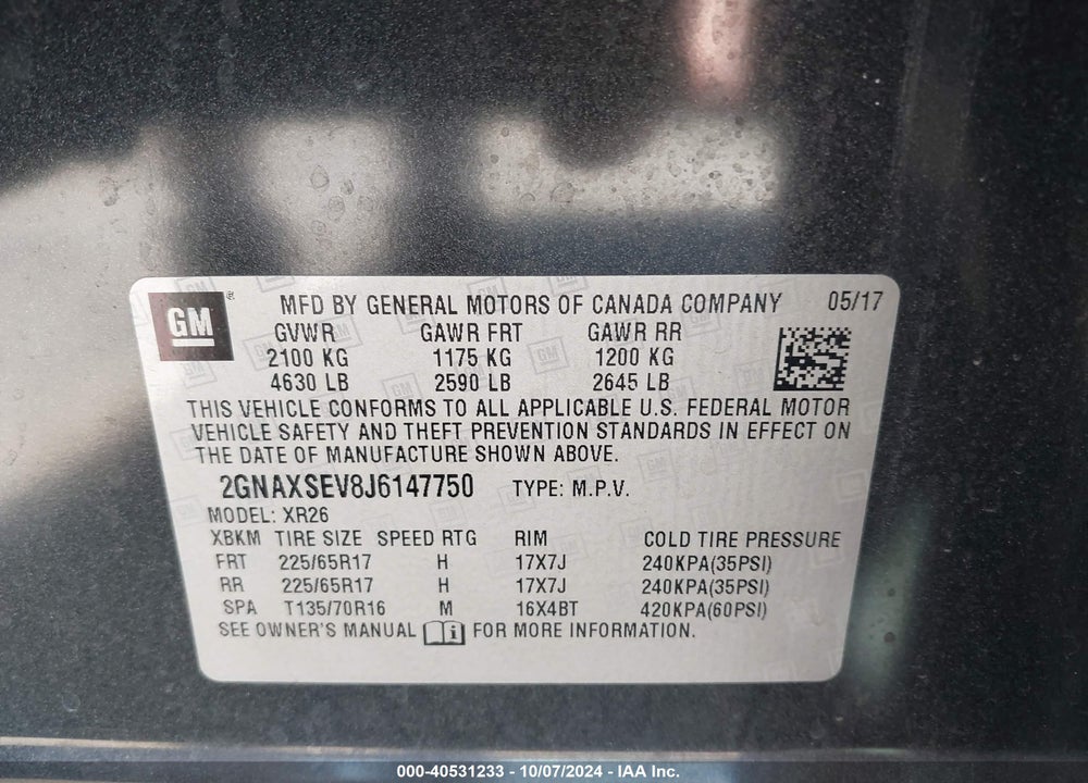 2018 CHEVROLET EQUINOX LT VIN: 2GNAXSEV8J6147750