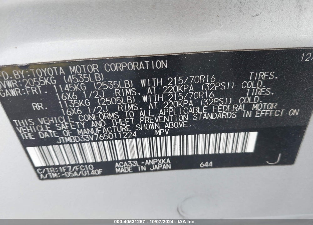 2006 TOYOTA RAV4 VIN: JTMBD33V765011224