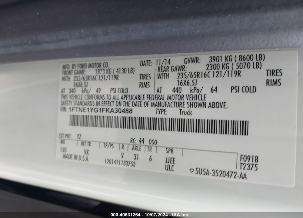 2015 FORD TRANSIT-150 VIN: 1FTNE1YG1FKA30488
