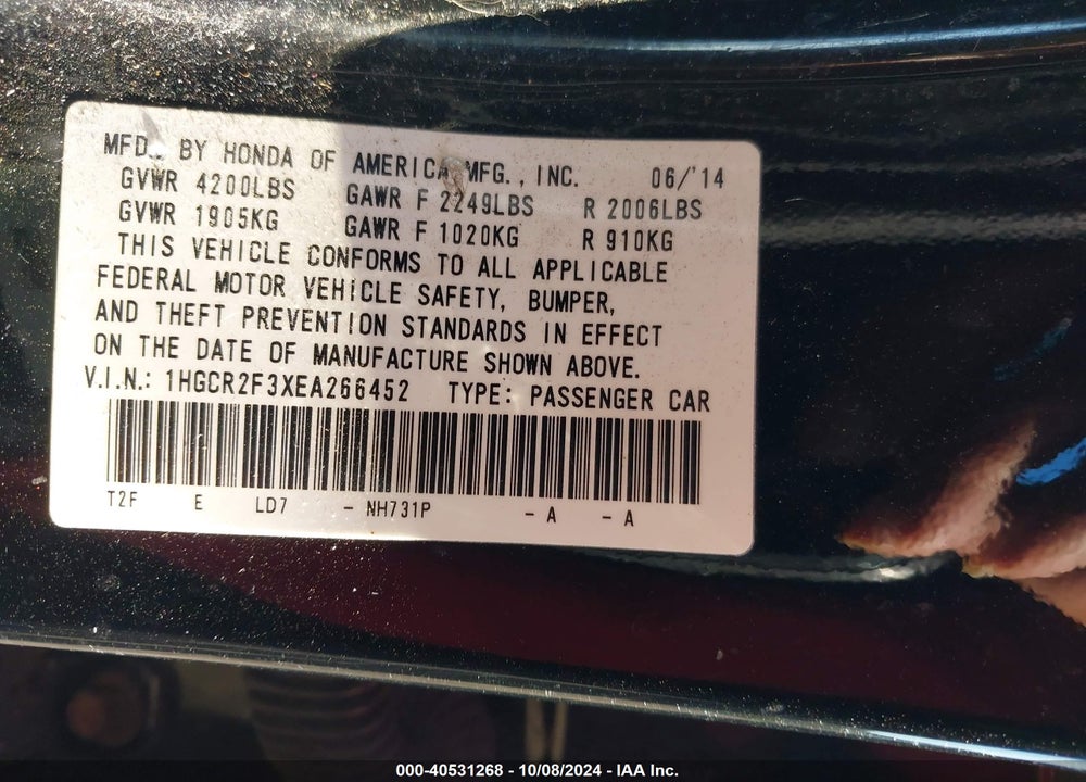 2014 HONDA ACCORD LX VIN: 1HGCR2F3XEA266452