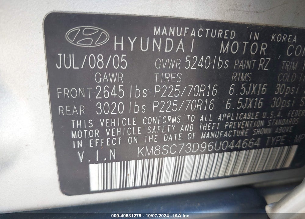 2006 HYUNDAI SANTA FE GLS VIN: KM8SC73D96U044664